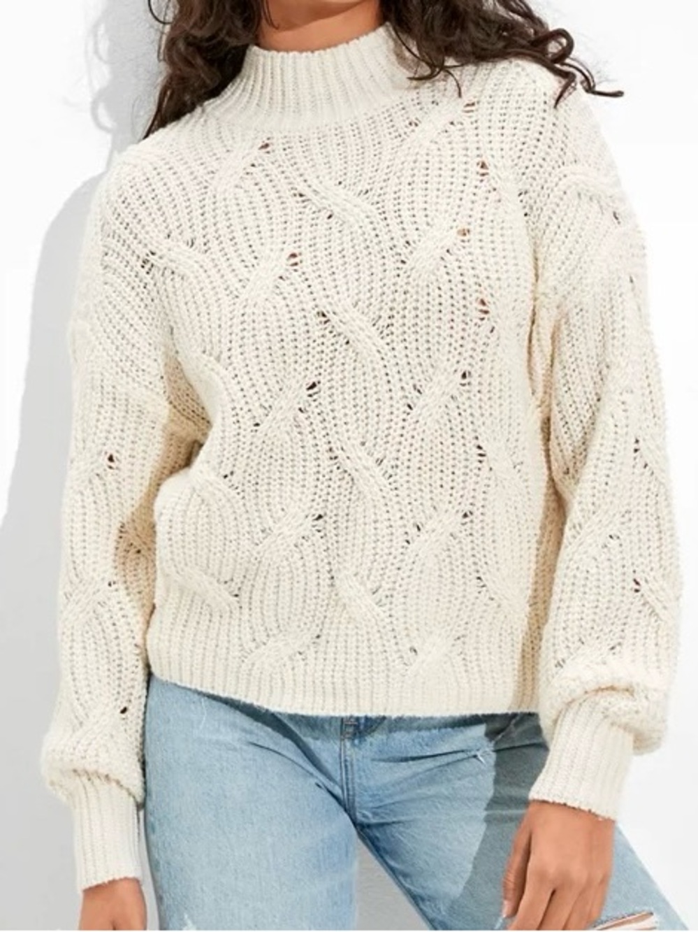 American Eagle Cream Cable Knit Oversized High Neck Turtleneck Sweater Pullover
